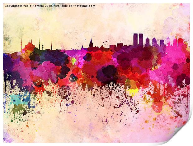Istanbul skyline in watercolor background Print by Pablo Romero