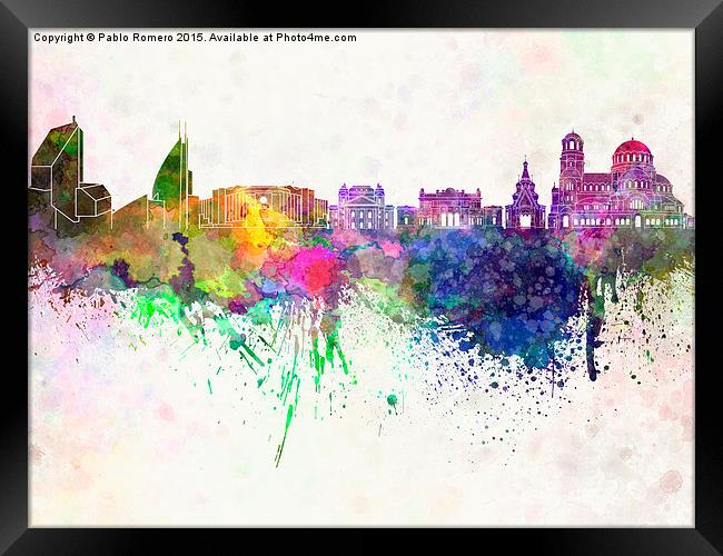 Sofia skyline in watercolor background Framed Print by Pablo Romero