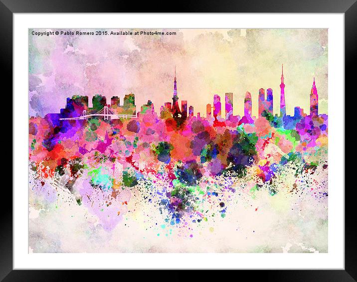 Tokyo skyline in watercolor background Framed Mounted Print by Pablo Romero