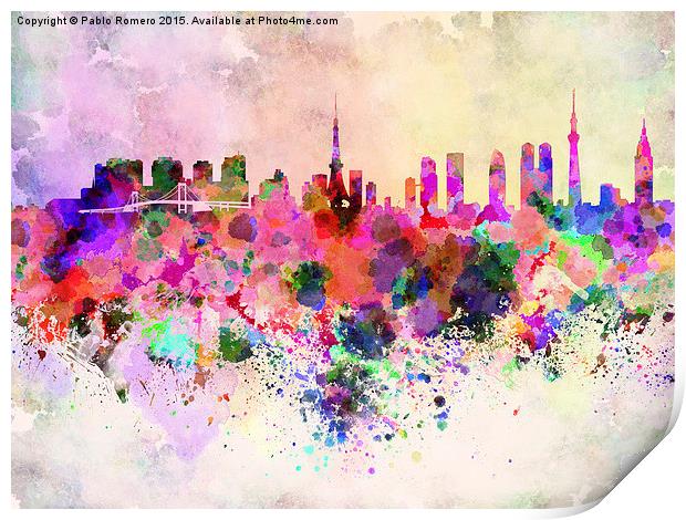 Tokyo skyline in watercolor background Print by Pablo Romero