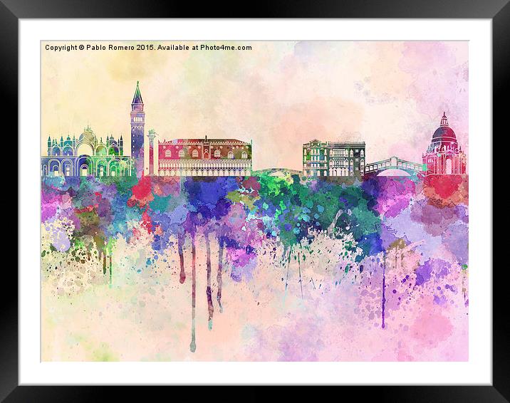 Venice skyline in watercolor background Framed Mounted Print by Pablo Romero