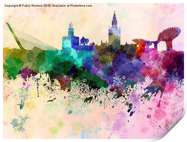 Seville skyline in watercolor background Print by Pablo Romero