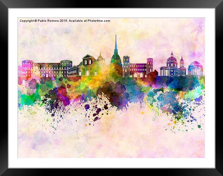 Turin skyline in watercolor background Framed Mounted Print by Pablo Romero