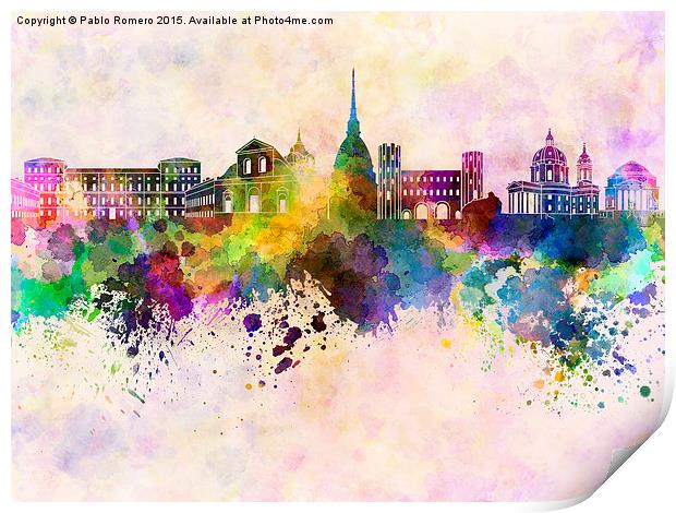 Turin skyline in watercolor background Print by Pablo Romero