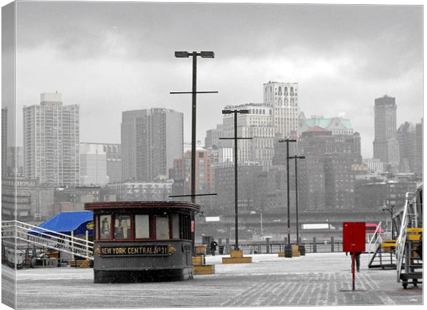 snowy pier at seaport harbour with Brooklyn in the Canvas Print by Jutta Klassen