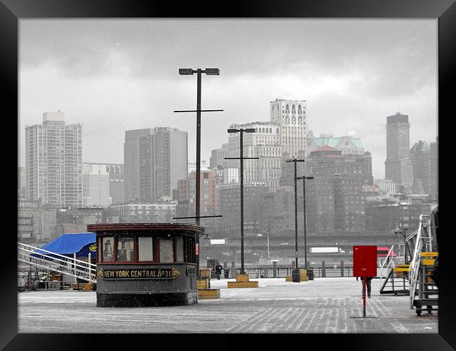 snowy pier at seaport harbour with Brooklyn in the Framed Print by Jutta Klassen