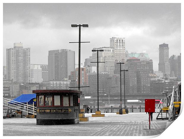 snowy pier at seaport harbour with Brooklyn in the Print by Jutta Klassen