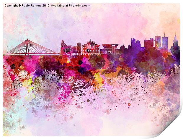 Warsaw skyline in watercolor background Print by Pablo Romero