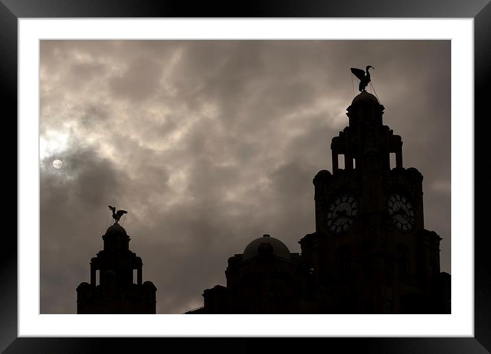 Liver Buildings silhouette against moonlit sky Framed Mounted Print by ken biggs