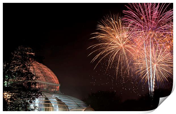 Fireworks light up Sefton Park Palm House, Liverpo Print by ken biggs