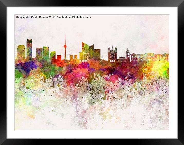 Vilnius skyline in watercolor background Framed Mounted Print by Pablo Romero