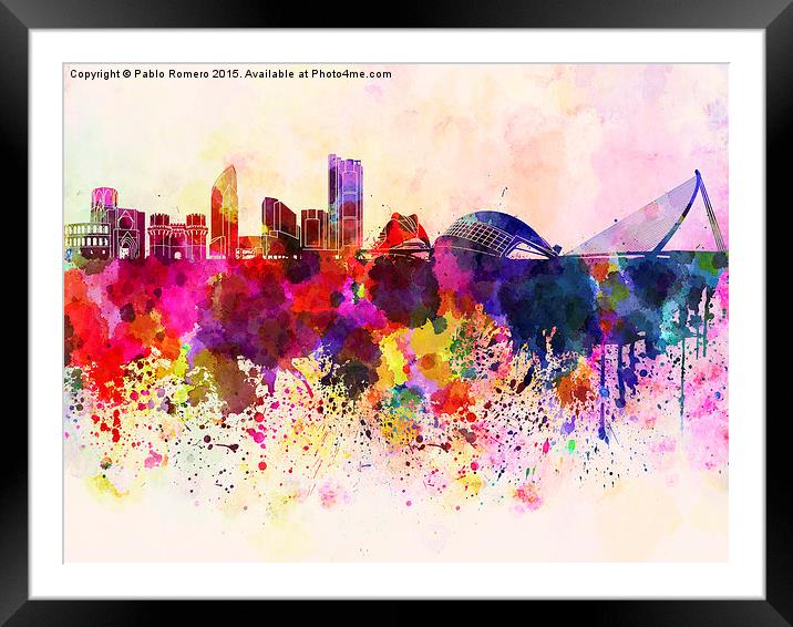 Valencia skyline in watercolor background Framed Mounted Print by Pablo Romero