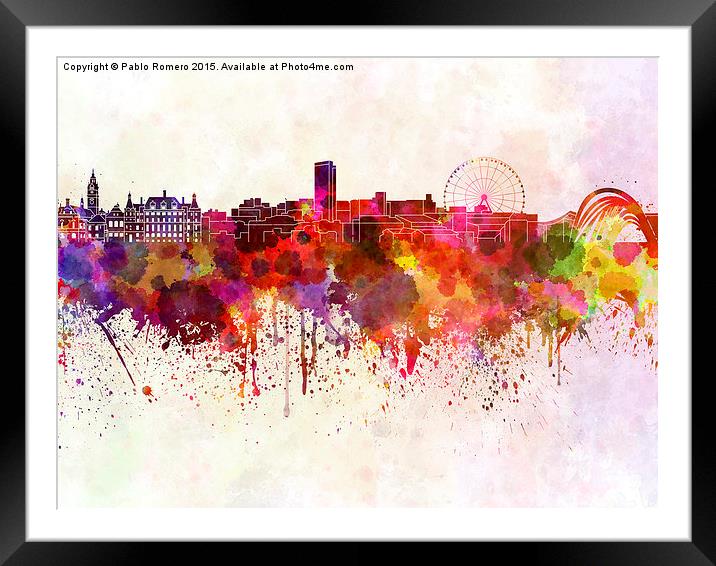 Sheffield skyline in watercolor background Framed Mounted Print by Pablo Romero