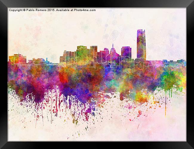 Oklahoma City skyline in watercolor background Framed Print by Pablo Romero