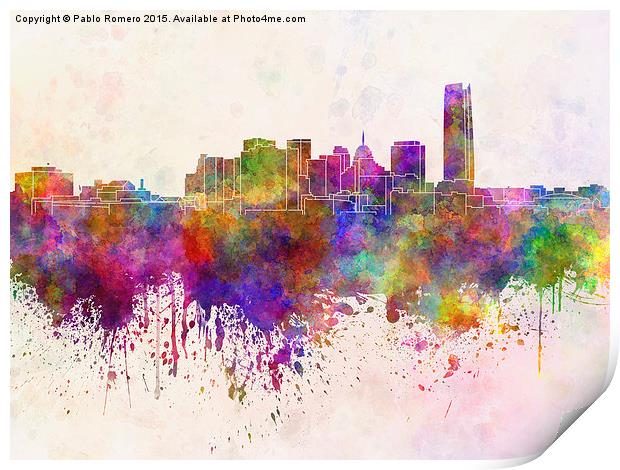 Oklahoma City skyline in watercolor background Print by Pablo Romero