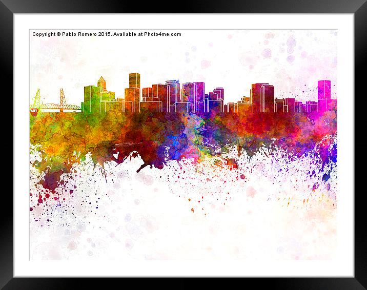 Portland skyline in watercolor background Framed Mounted Print by Pablo Romero