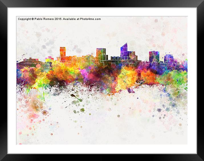 Wichita skyline in watercolor background Framed Mounted Print by Pablo Romero