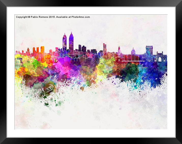 Mumbai skyline in watercolor background Framed Mounted Print by Pablo Romero