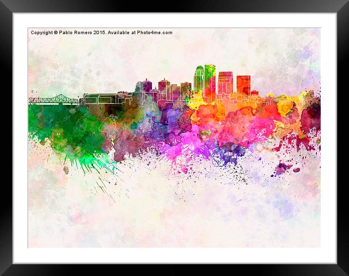 Louisville skyline in watercolor background Framed Mounted Print by Pablo Romero
