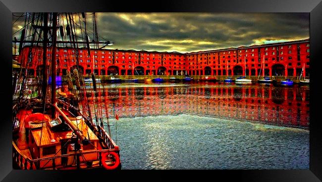 A digitally constructed painting of Albert Dock  Framed Print by ken biggs