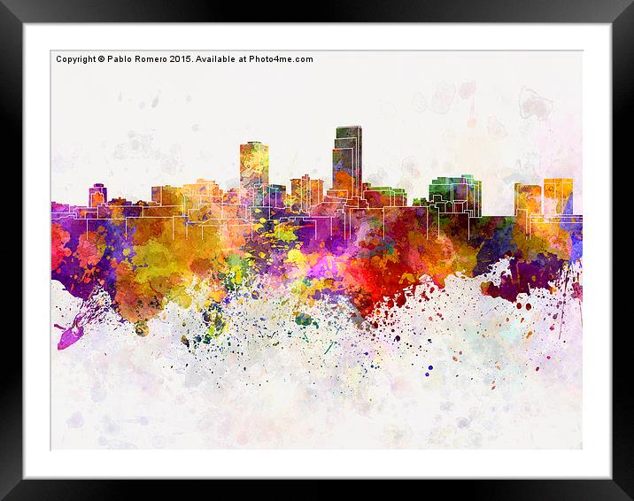 Omaha skyline in watercolor background Framed Mounted Print by Pablo Romero