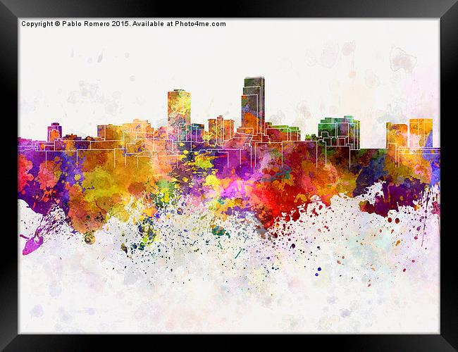 Omaha skyline in watercolor background Framed Print by Pablo Romero