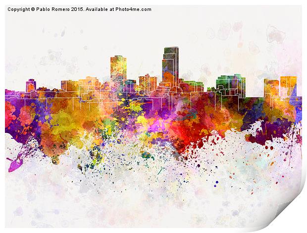 Omaha skyline in watercolor background Print by Pablo Romero