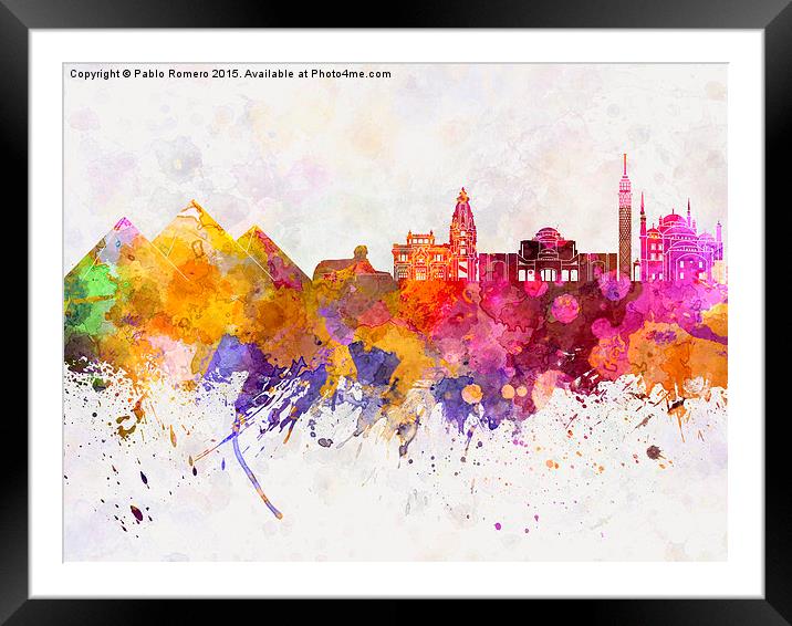Cairo skyline in watercolor background Framed Mounted Print by Pablo Romero