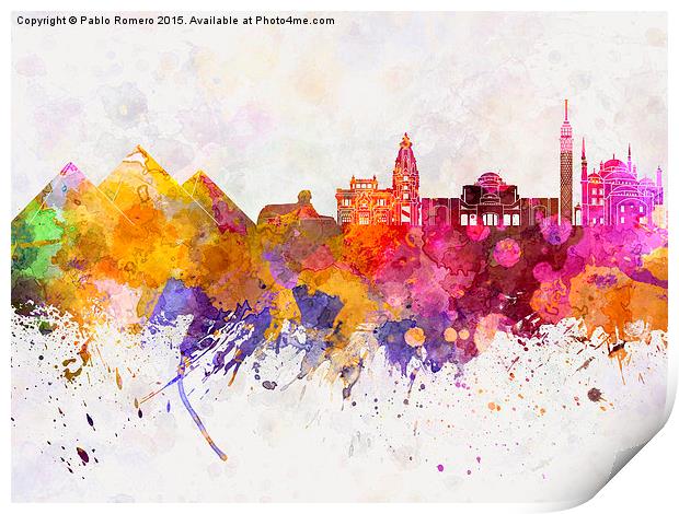 Cairo skyline in watercolor background Print by Pablo Romero
