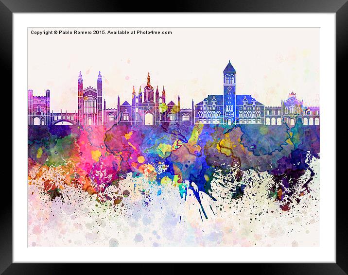 Cambridge skyline in watercolor background Framed Mounted Print by Pablo Romero