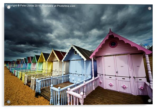 Row of colourful beach shelters.  Acrylic by Peter Jones