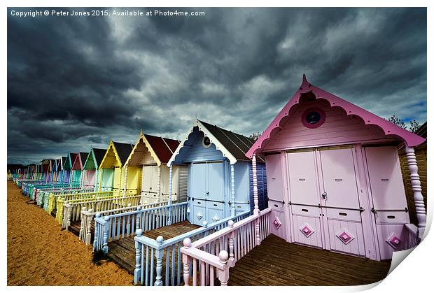 Row of colourful beach shelters.  Print by Peter Jones