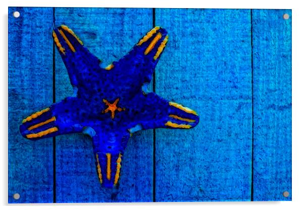 starfish shape on blue wooden boards Acrylic by ken biggs