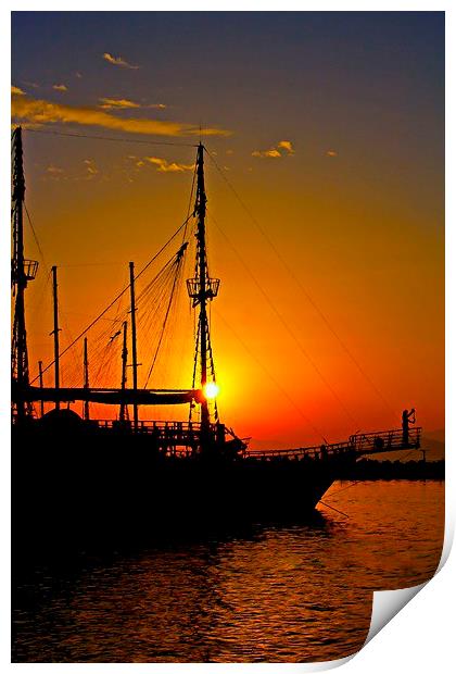 a ship in silhouette at sunset  Print by ken biggs