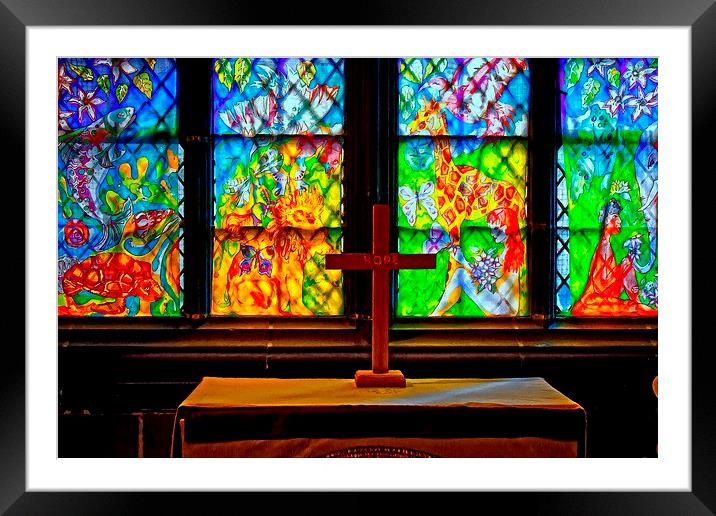 stained glass windows in church with a cross Framed Mounted Print by ken biggs