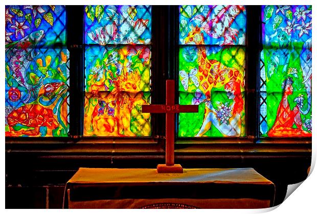 stained glass windows in church with a cross Print by ken biggs