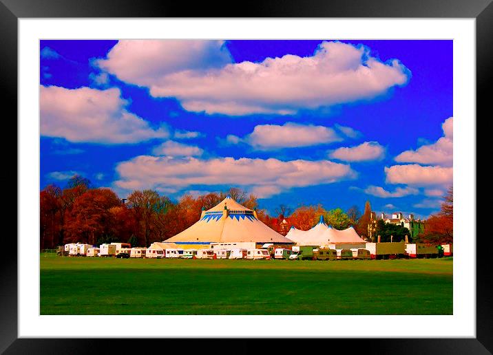 A digitally converted painting of circus tents Framed Mounted Print by ken biggs