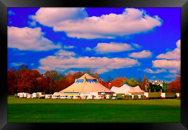 A digitally converted painting of circus tents Framed Print by ken biggs