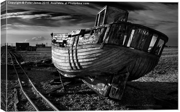  Abandoned Fishing Boat at Dungeness. Canvas Print by Peter Jones