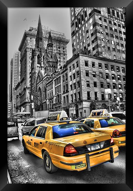 Yellow Cabs Outside Tiffanys Framed Print by Simon Gladwin
