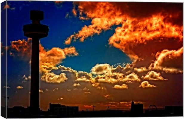 Liverpool skyline in silhouette against a stormy s Canvas Print by ken biggs