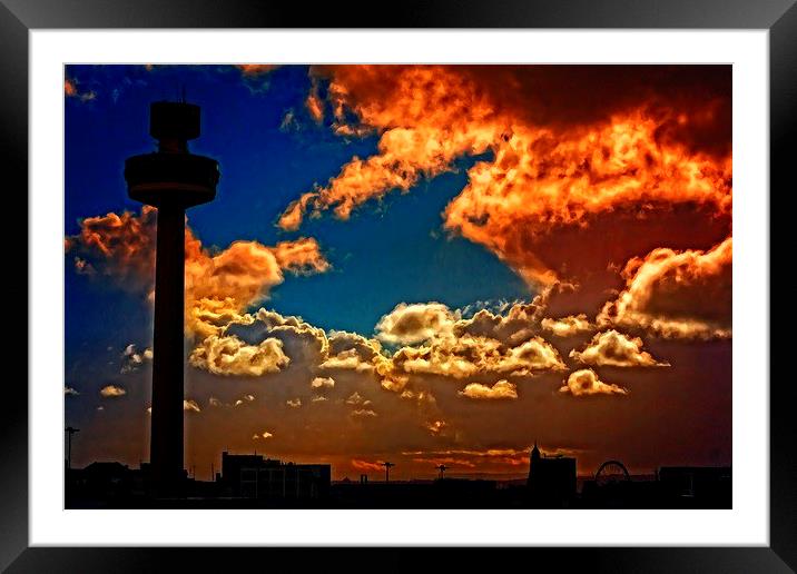 Liverpool skyline in silhouette against a stormy s Framed Mounted Print by ken biggs