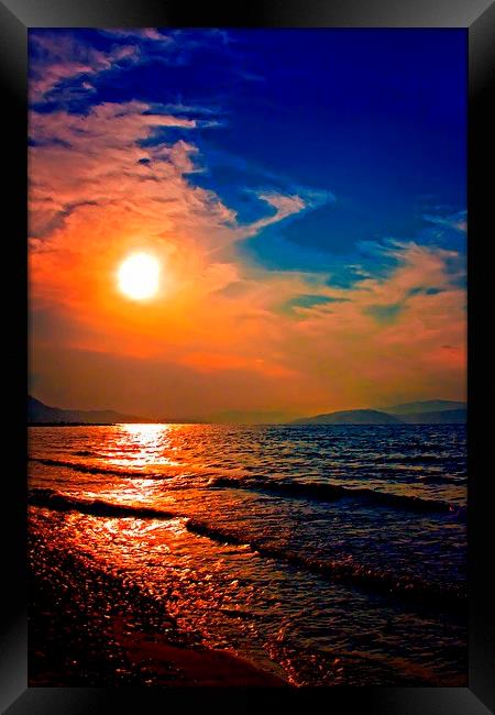 A digitally constructed painting of a sunset by th Framed Print by ken biggs