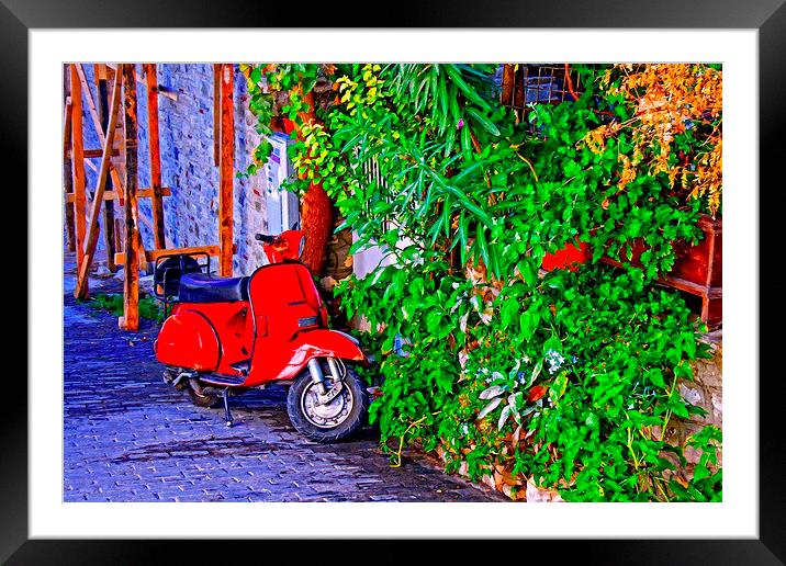  a red scooter in a village street Framed Mounted Print by ken biggs