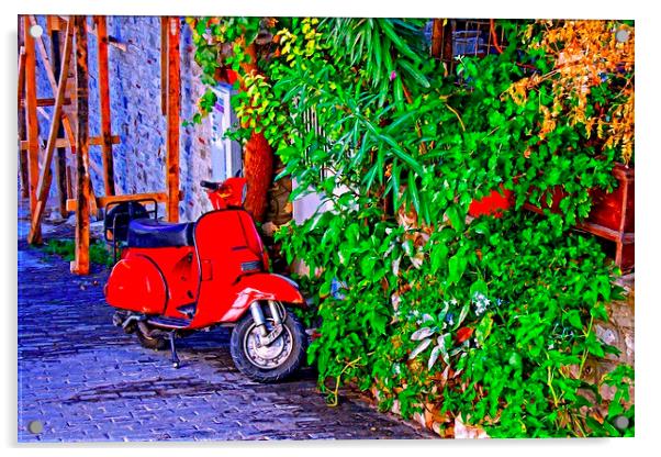  a red scooter in a village street Acrylic by ken biggs