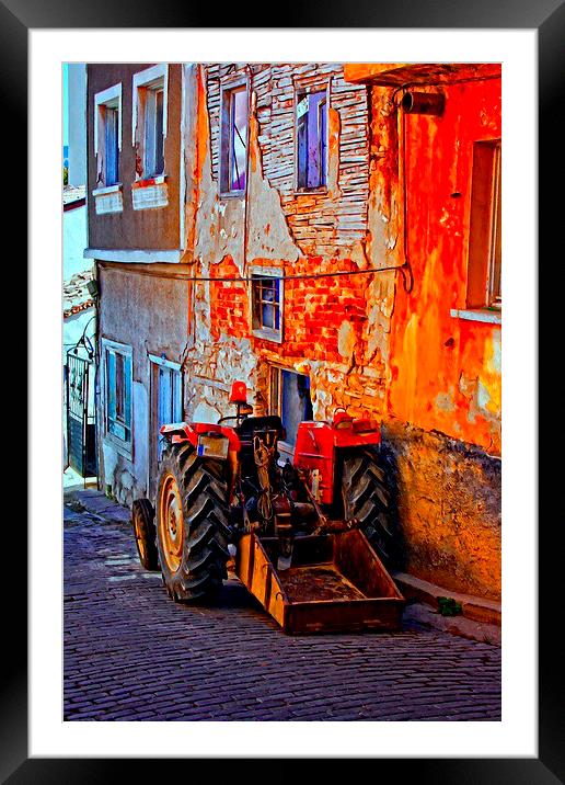  a tractor parked in a village street Framed Mounted Print by ken biggs