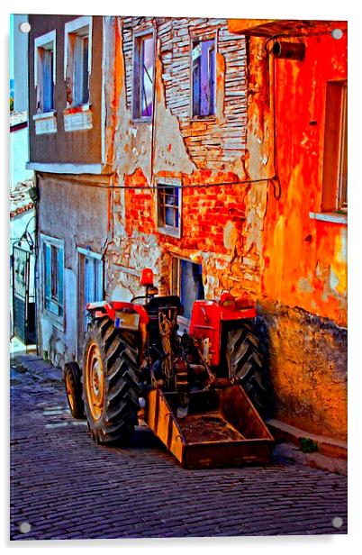  a tractor parked in a village street Acrylic by ken biggs