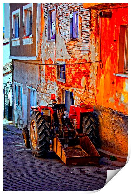  a tractor parked in a village street Print by ken biggs