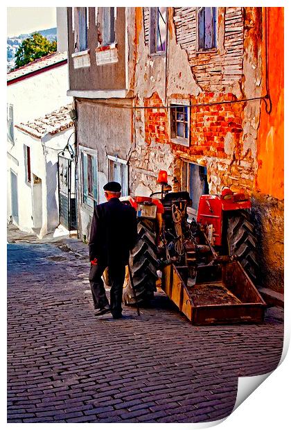 an elderly man walking past a tractor in a Turkish Print by ken biggs