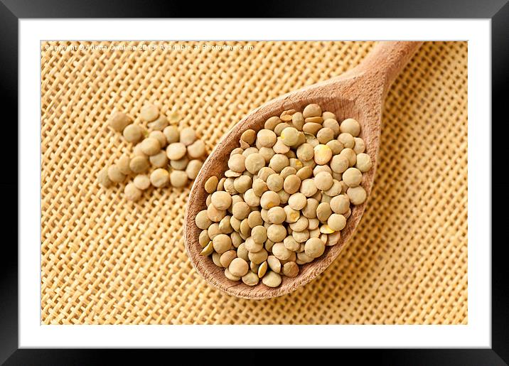 Green lentils grains on wooden spoon Framed Mounted Print by Arletta Cwalina